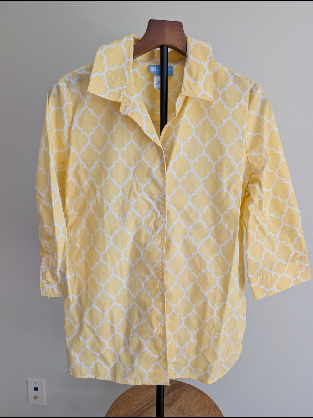 Koret Yellow White Geometric Print Button Front Shirt Blouse M Preppy Coastal